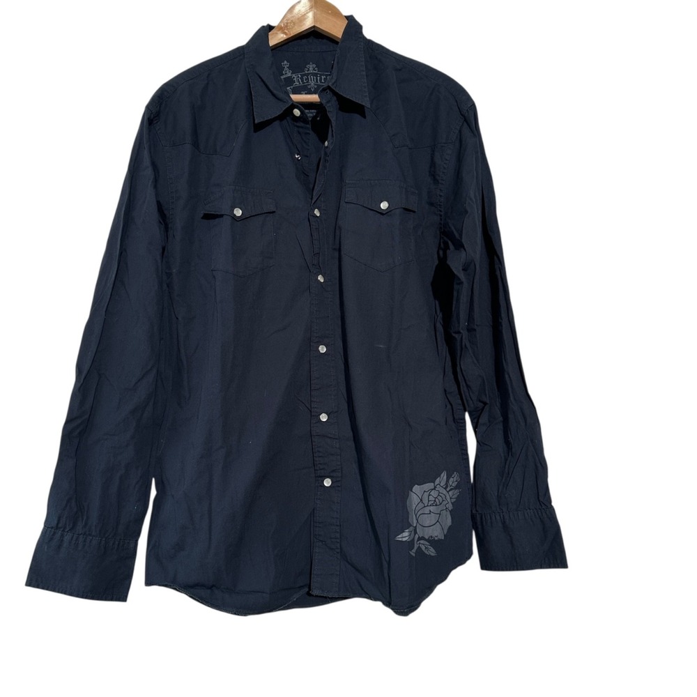 REWIRE Pearl‎ Snap Shirt Black Rose Slim Fit Western Skull Biker Grunge Large